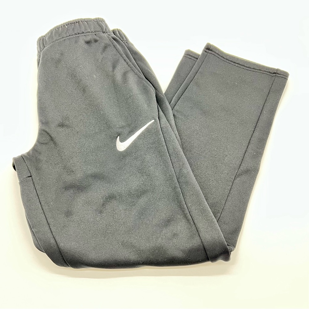 Nike Dri-Fit Unisex Kids Black Joggers w/White Swoop on Hip Hidden Drawstring-L